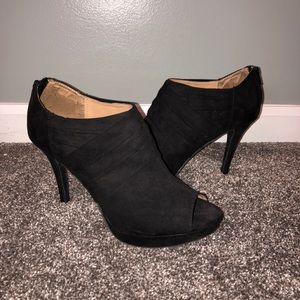Black Suede Peep-Toe Stiletto Heels